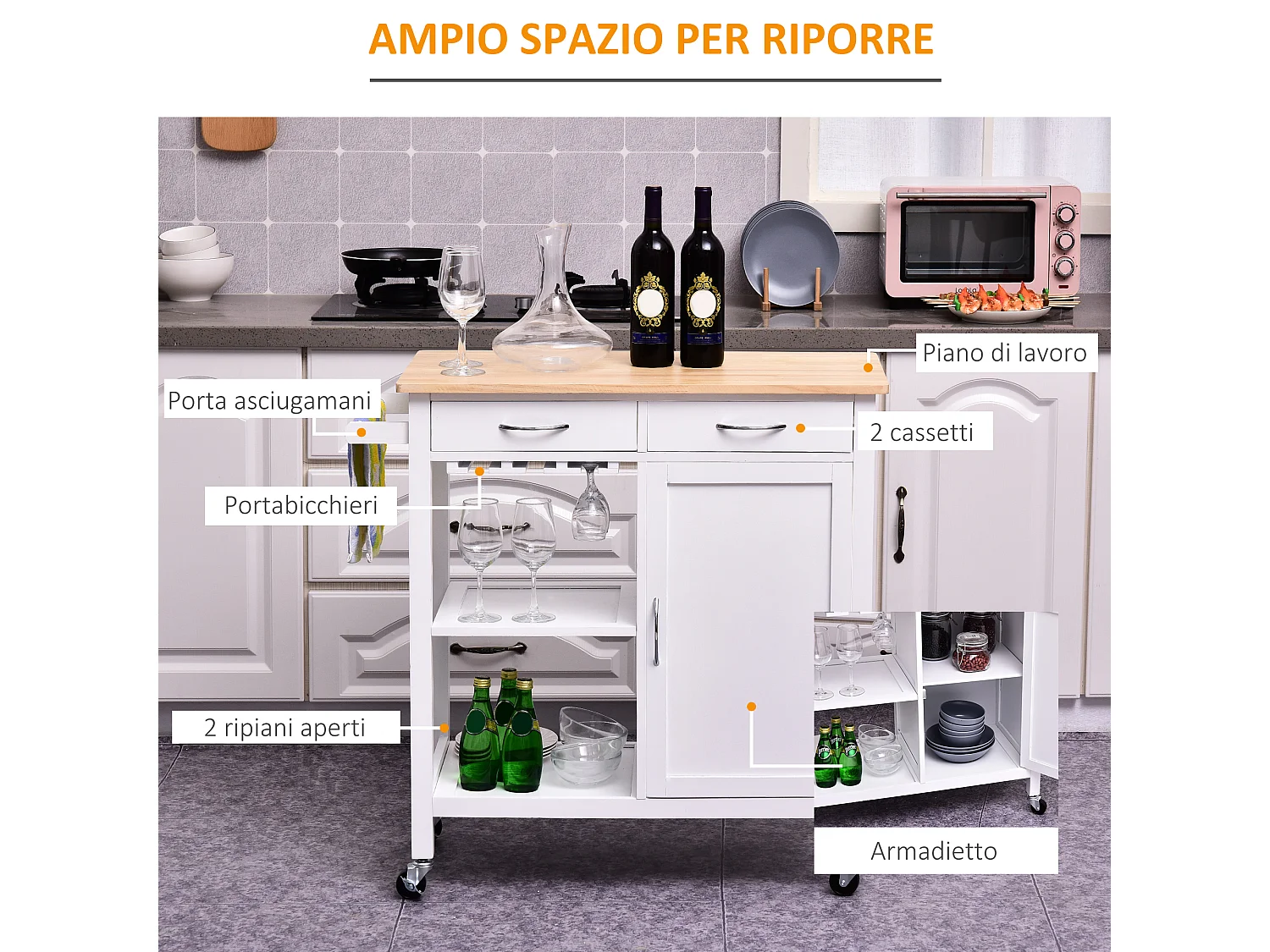 Carrello da cucina classico con cassetti salvaspazio legno bianco