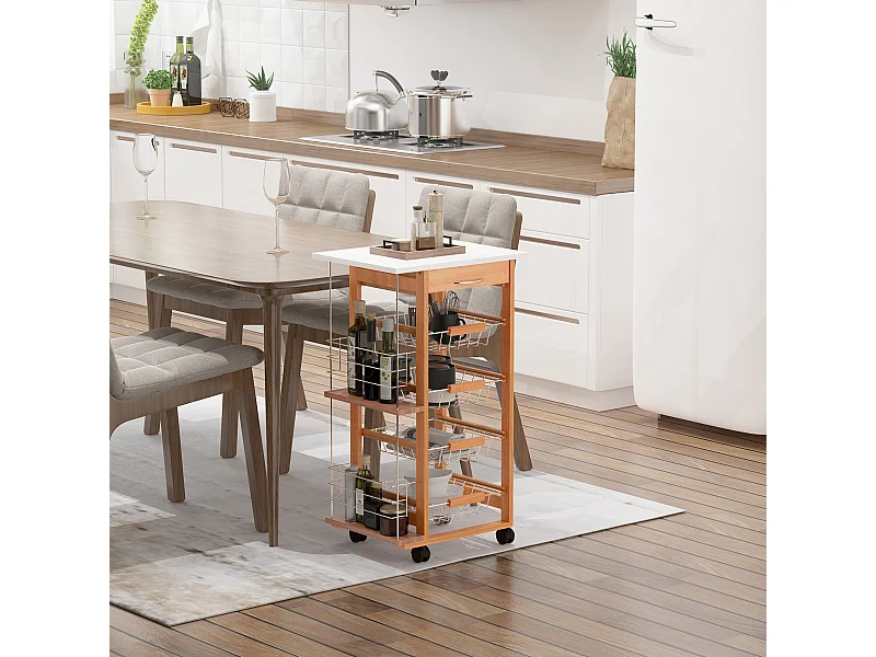 Carrello da cucina in legno marrone cassetto 4 cestelli e ruote