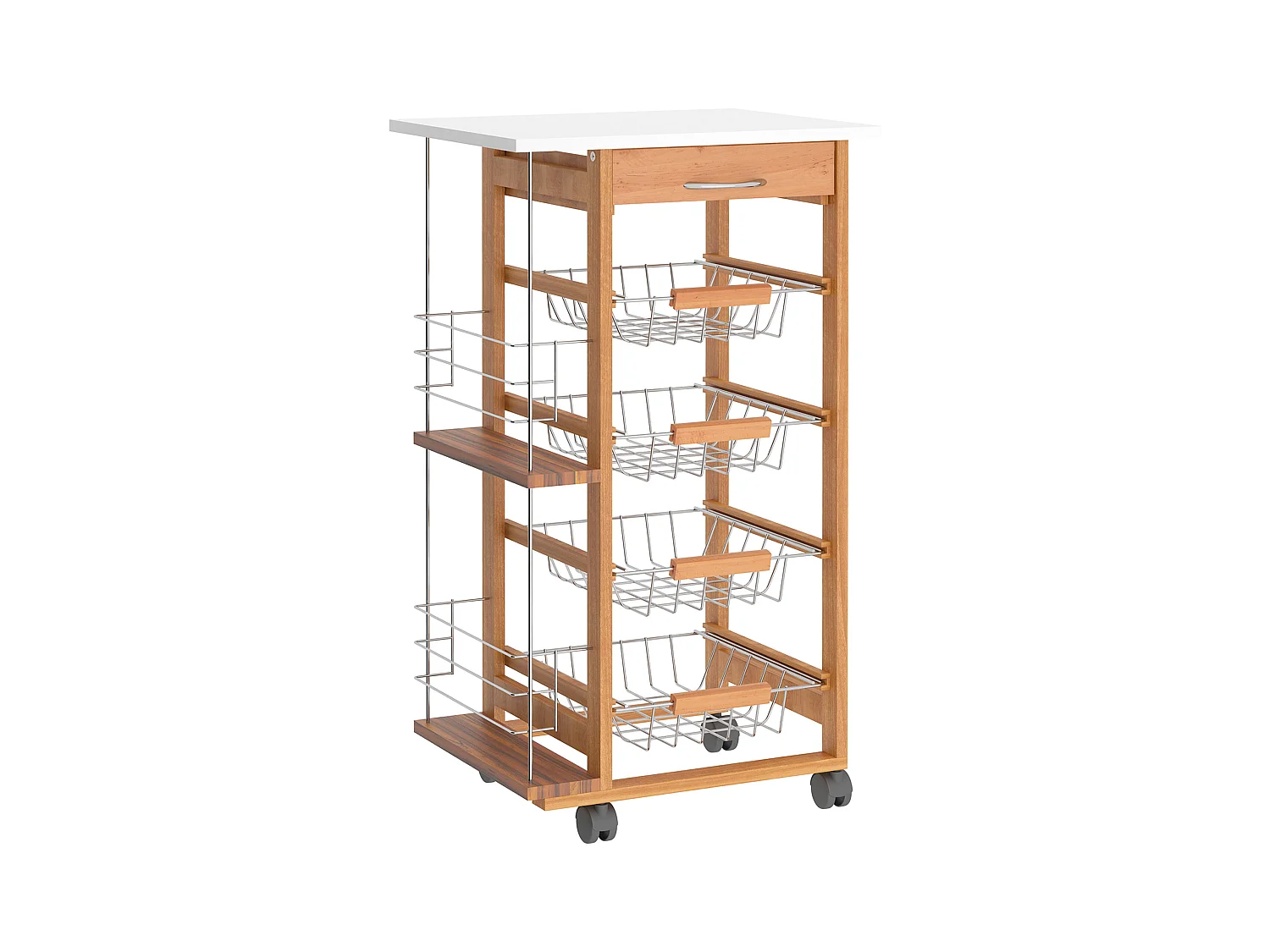 Carrello da cucina in legno marrone cassetto 4 cestelli e ruote