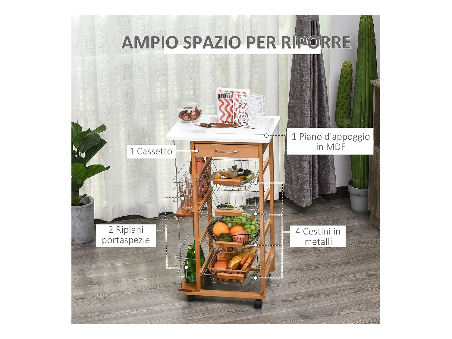 Carrello da cucina in legno marrone cassetto 4 cestelli e ruote