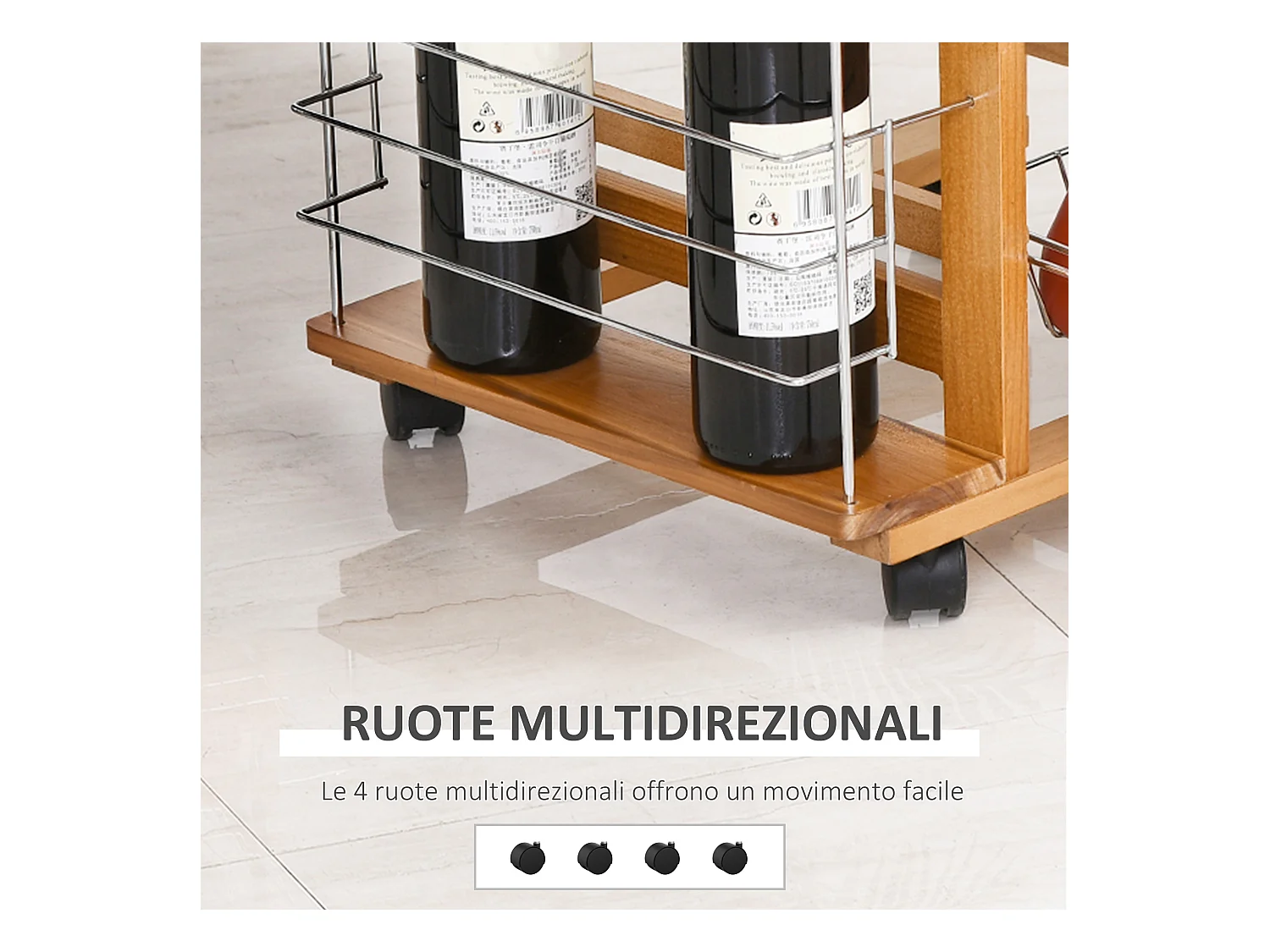 Carrello da cucina in legno marrone cassetto 4 cestelli e ruote