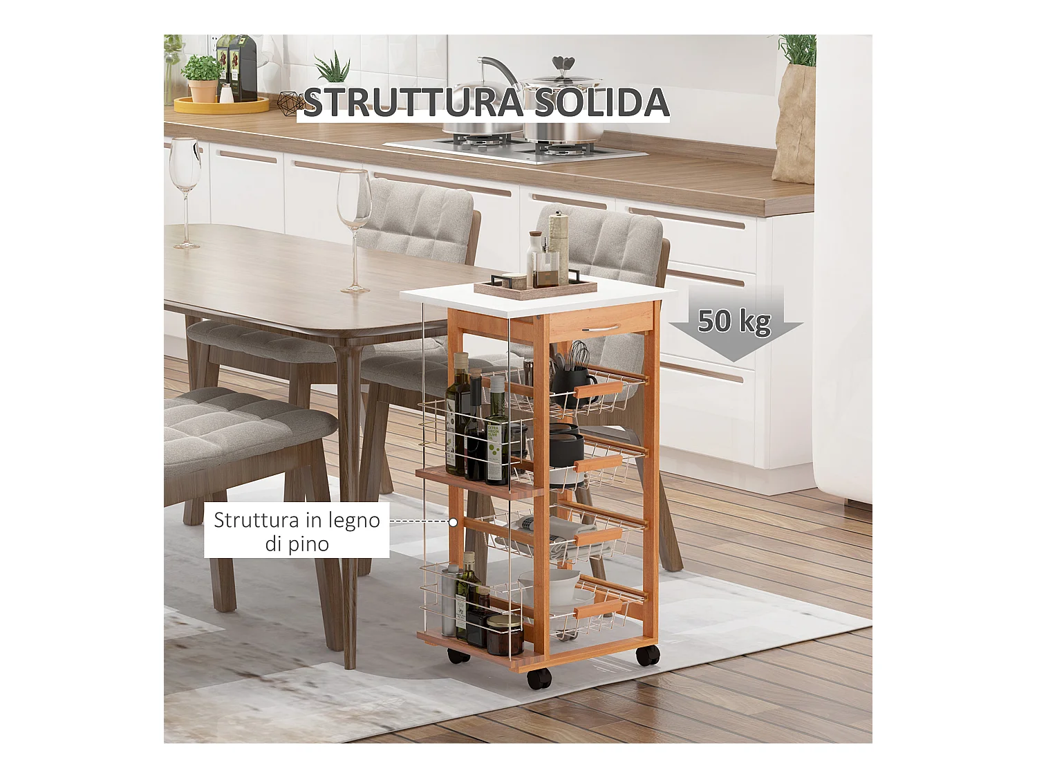 Carrello da cucina in legno marrone cassetto 4 cestelli e ruote