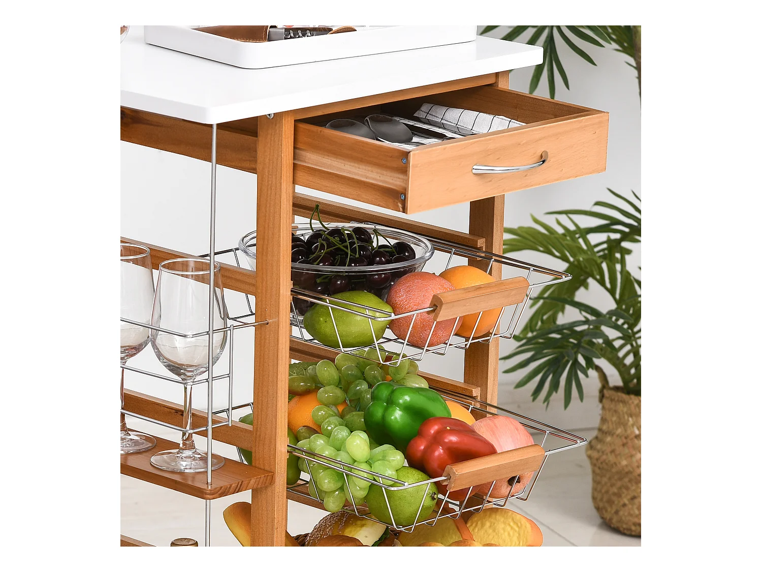 Carrello da cucina in legno marrone cassetto 4 cestelli e ruote