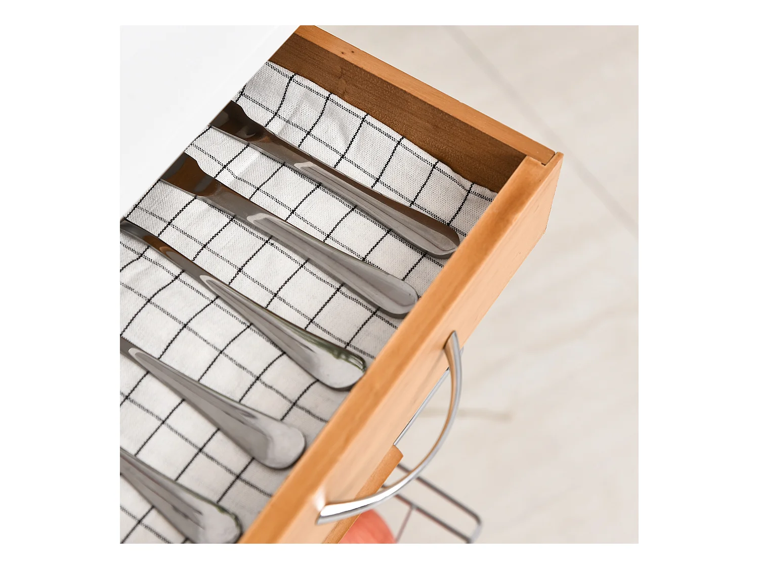 Carrello da cucina in legno marrone cassetto 4 cestelli e ruote