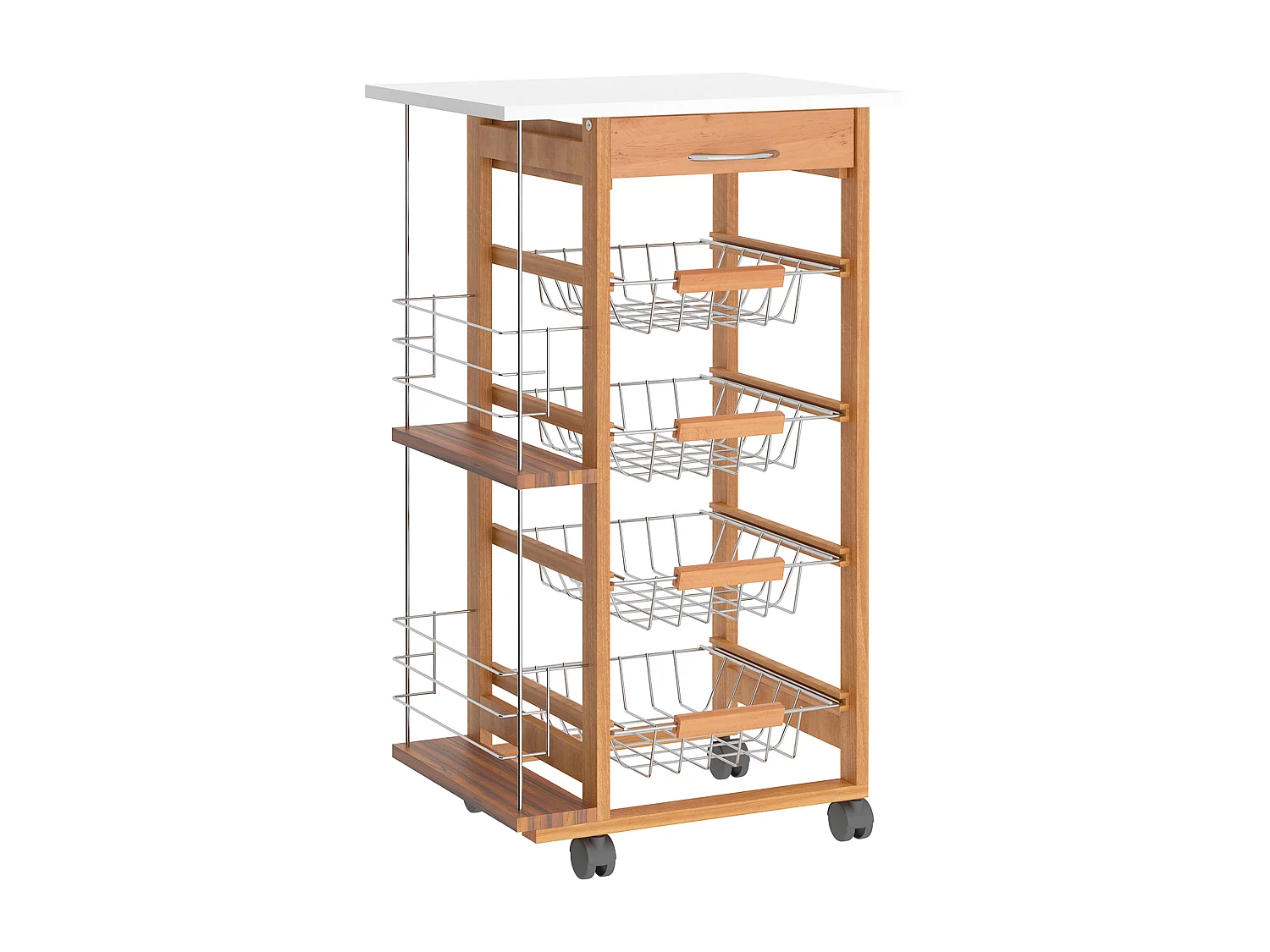 Carrello da cucina in legno marrone cassetto 4 cestelli e ruote
