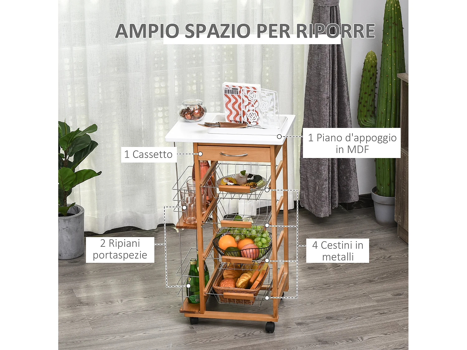 Carrello da cucina in legno marrone cassetto 4 cestelli e ruote