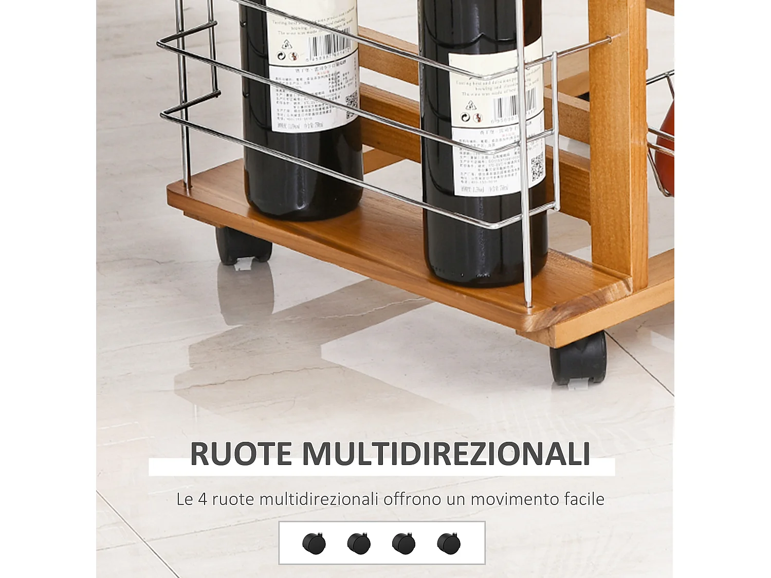 Carrello da cucina in legno marrone cassetto 4 cestelli e ruote