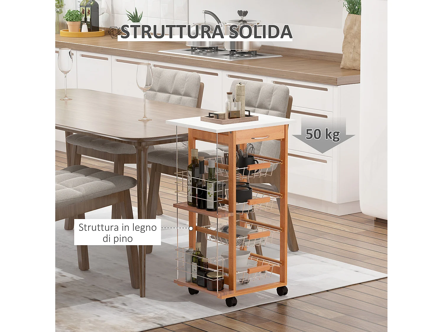 Carrello da cucina in legno marrone cassetto 4 cestelli e ruote