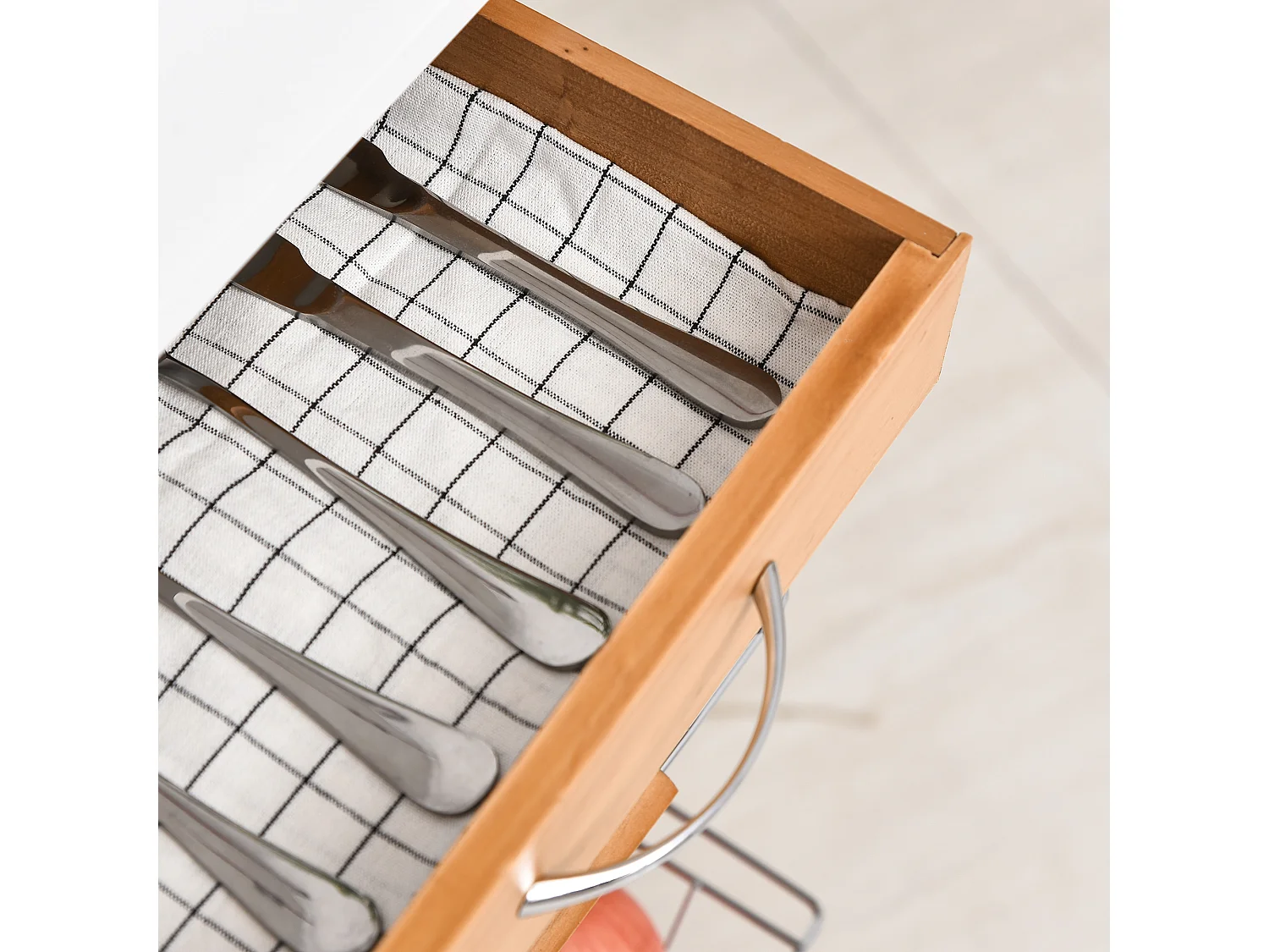 Carrello da cucina in legno marrone cassetto 4 cestelli e ruote