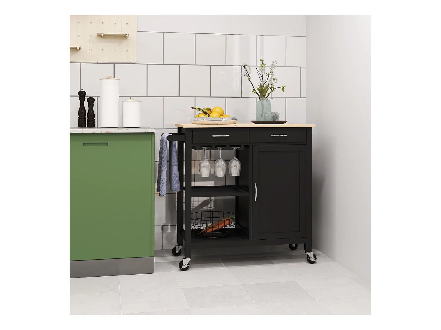 Carrello cucina con cassetto ruote e armadietto 2 ante nero