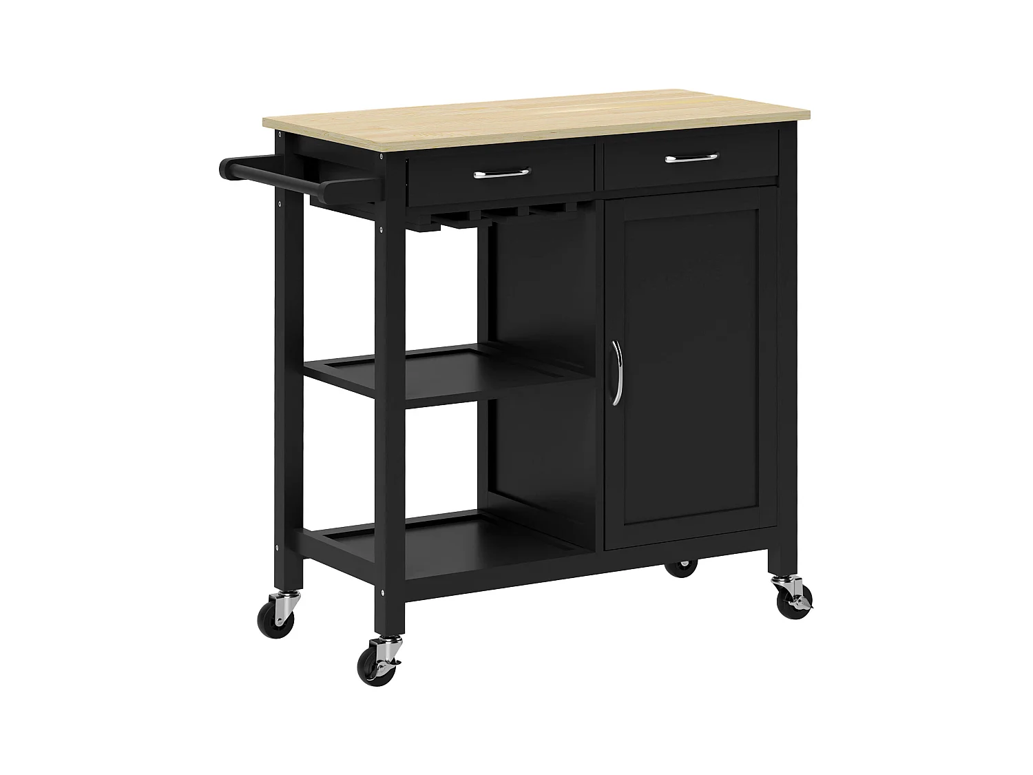 Carrello cucina con cassetto ruote e armadietto 2 ante nero