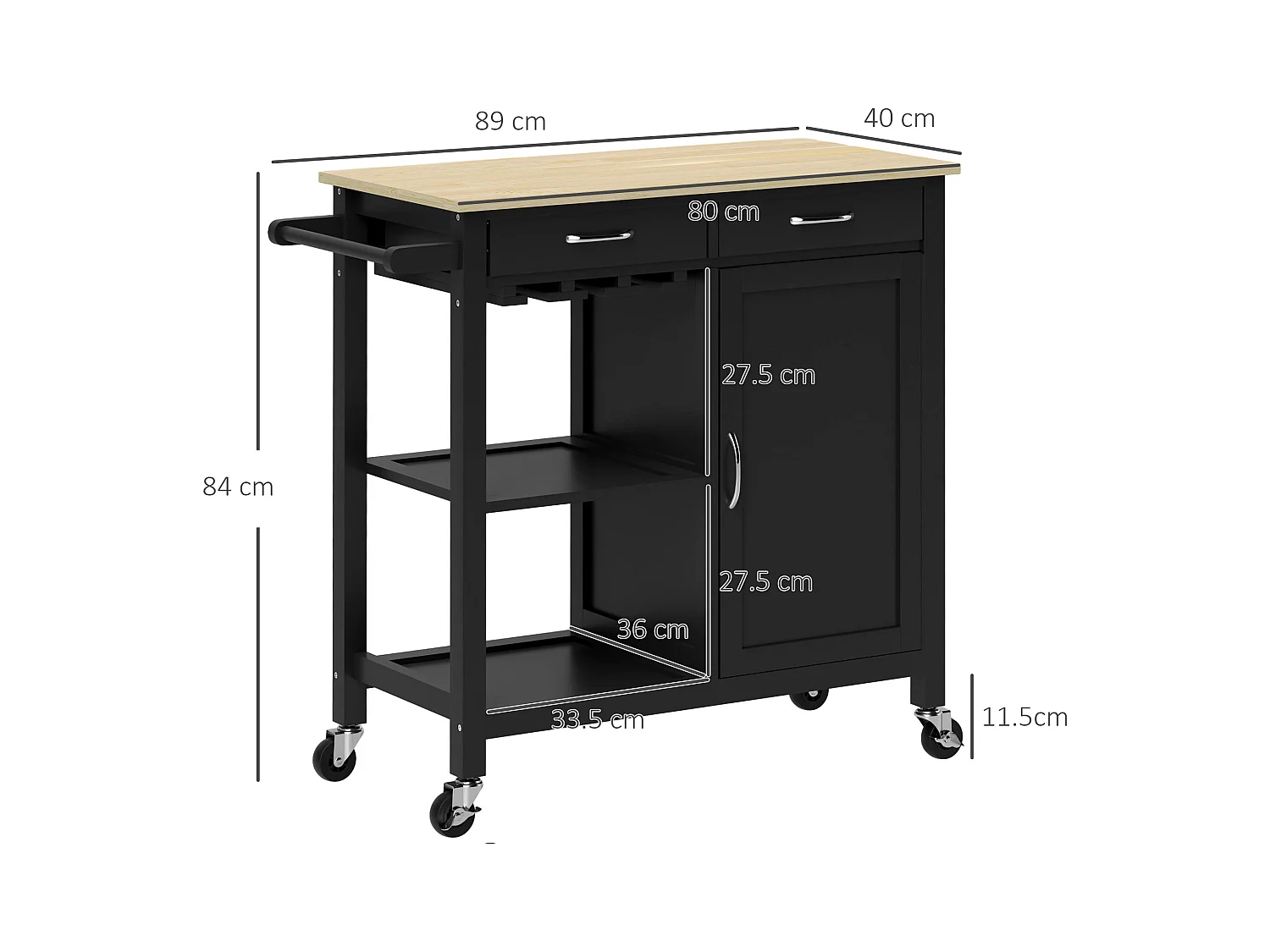 Carrello cucina con cassetto ruote e armadietto 2 ante nero