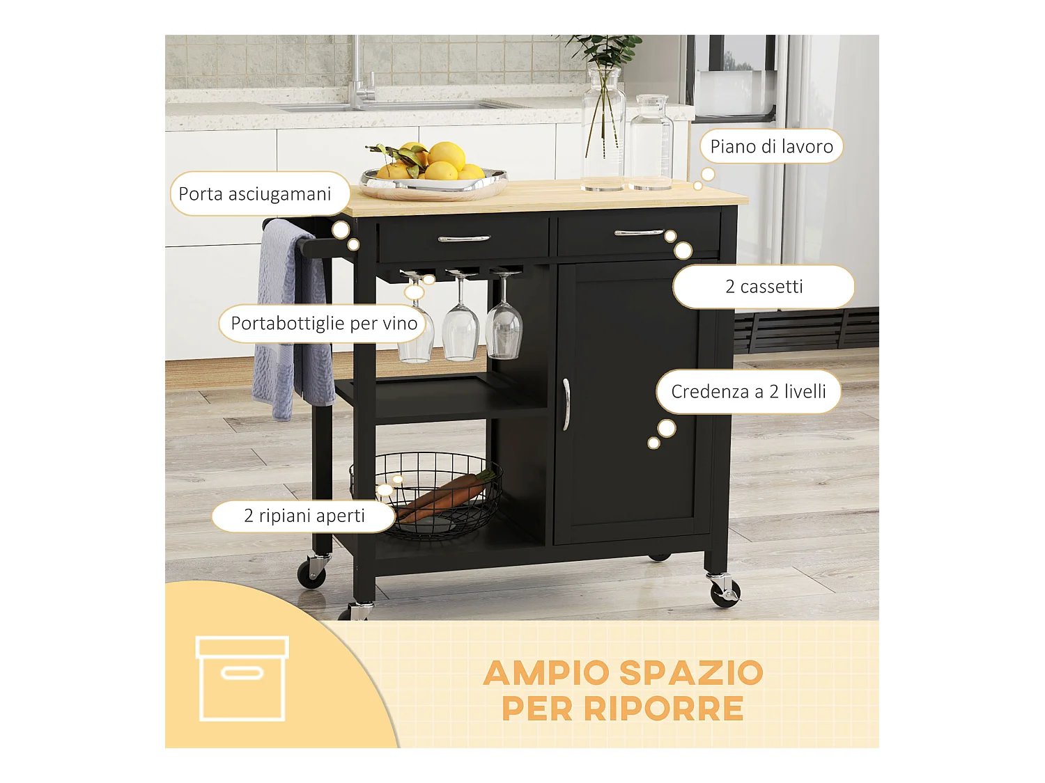 Carrello cucina con cassetto ruote e armadietto 2 ante nero
