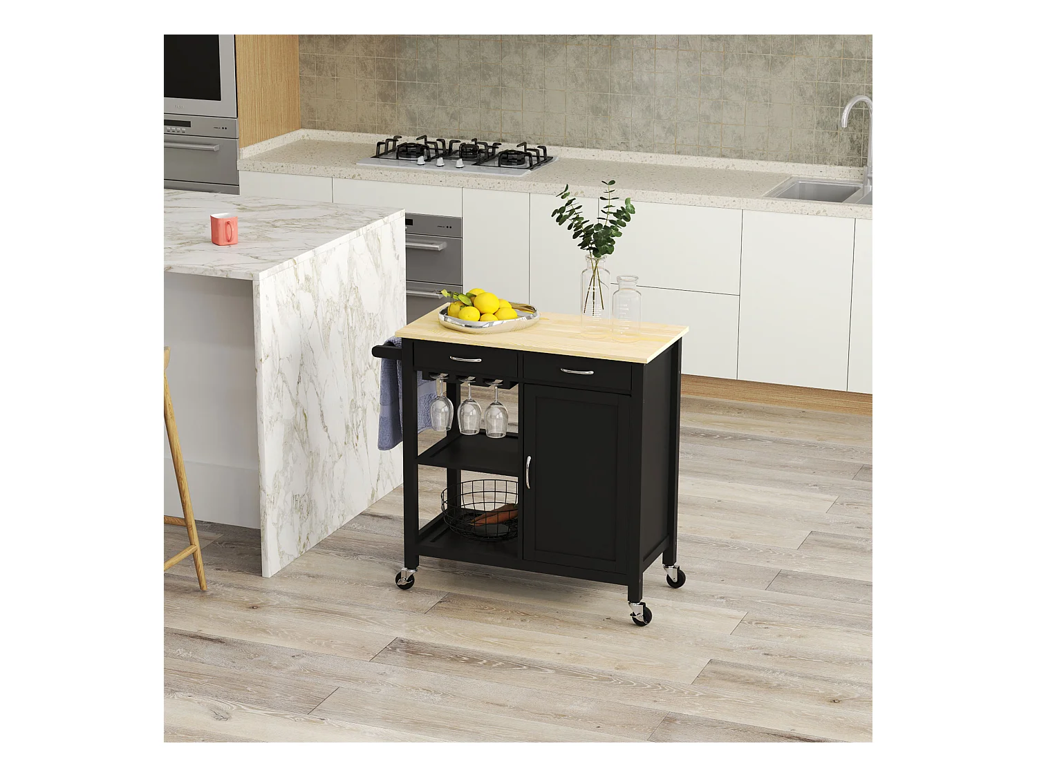 Carrello cucina con cassetto ruote e armadietto 2 ante nero