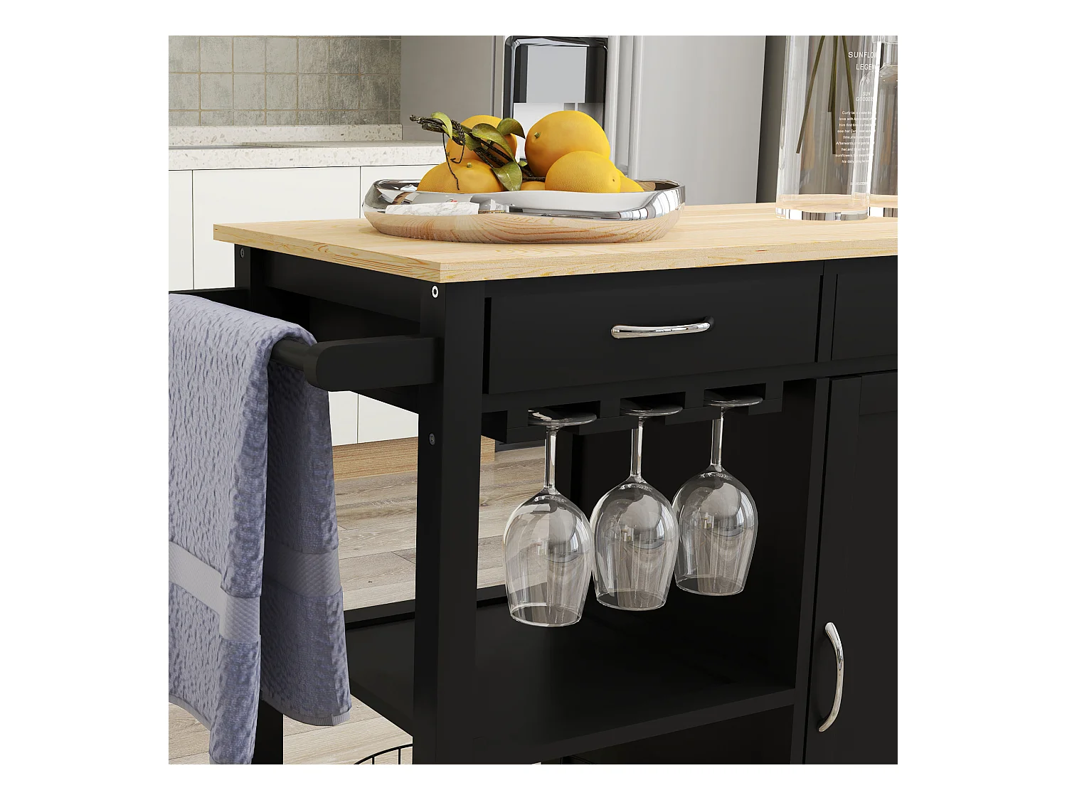 Carrello cucina con cassetto ruote e armadietto 2 ante nero