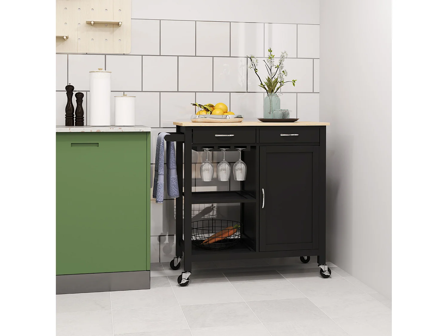 Carrello cucina con cassetto ruote e armadietto 2 ante nero