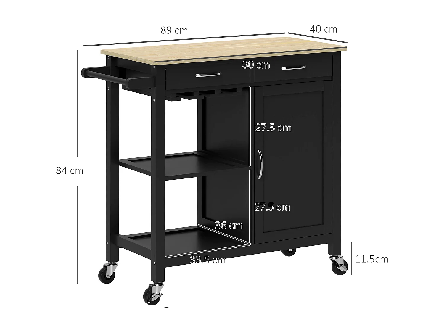 Carrello cucina con cassetto ruote e armadietto 2 ante nero