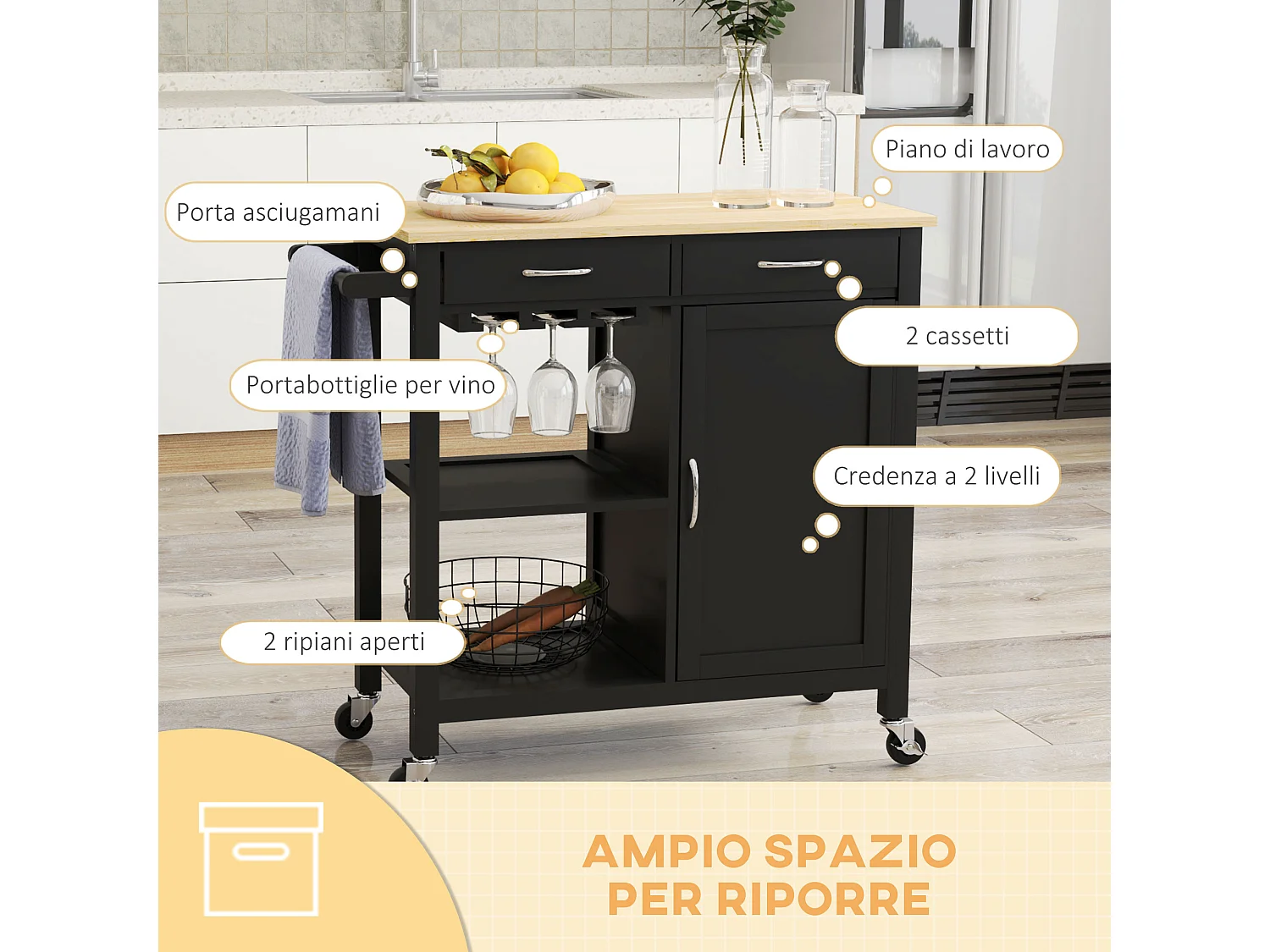 Carrello cucina con cassetto ruote e armadietto 2 ante nero