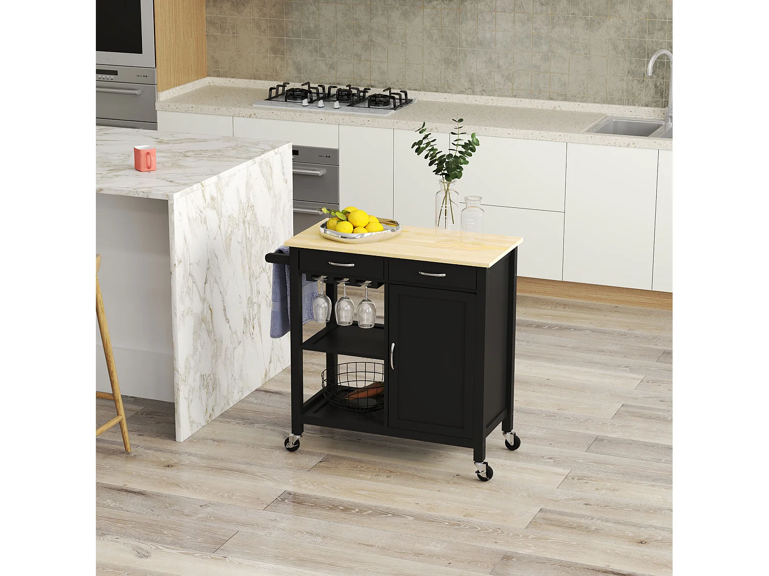 Carrello cucina con cassetto ruote e armadietto 2 ante nero