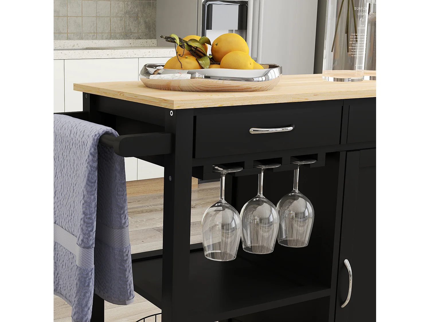 Carrello cucina con cassetto ruote e armadietto 2 ante nero