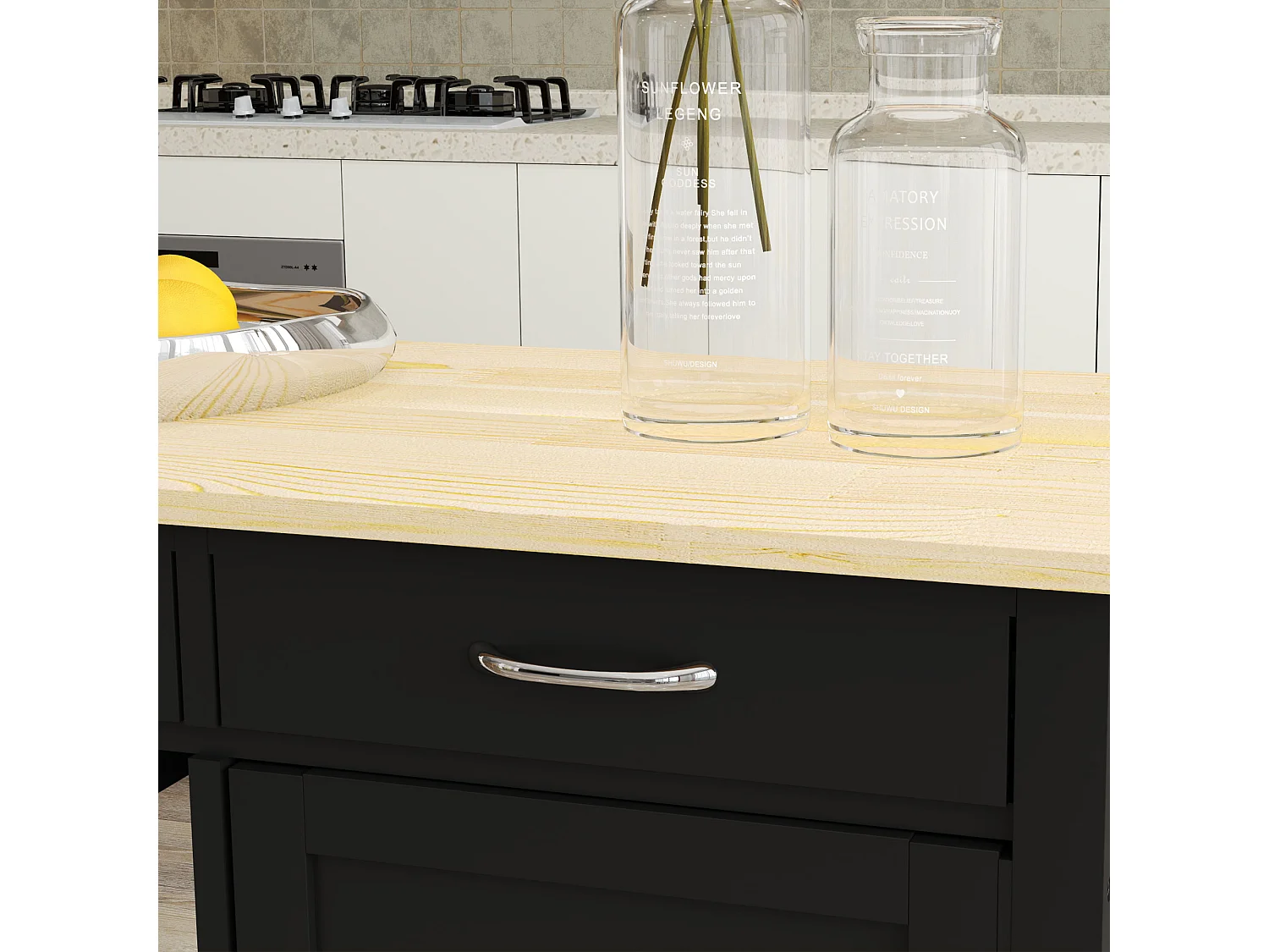 Carrello cucina con cassetto ruote e armadietto 2 ante nero