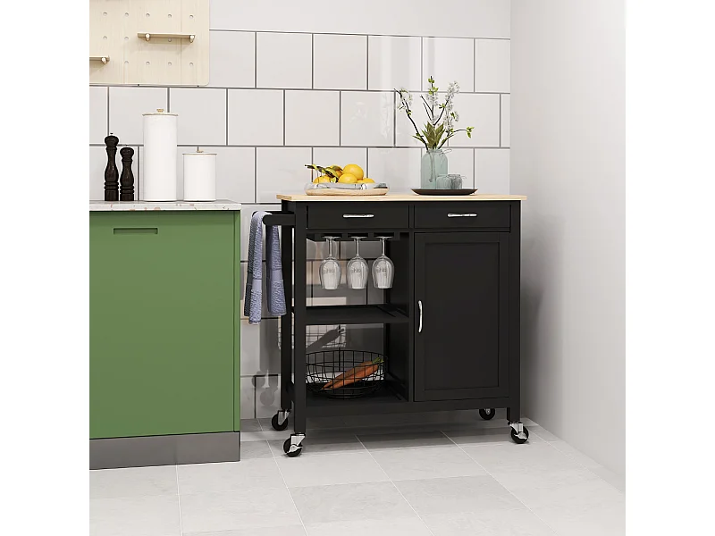 Carrello cucina con cassetto ruote e armadietto 2 ante nero