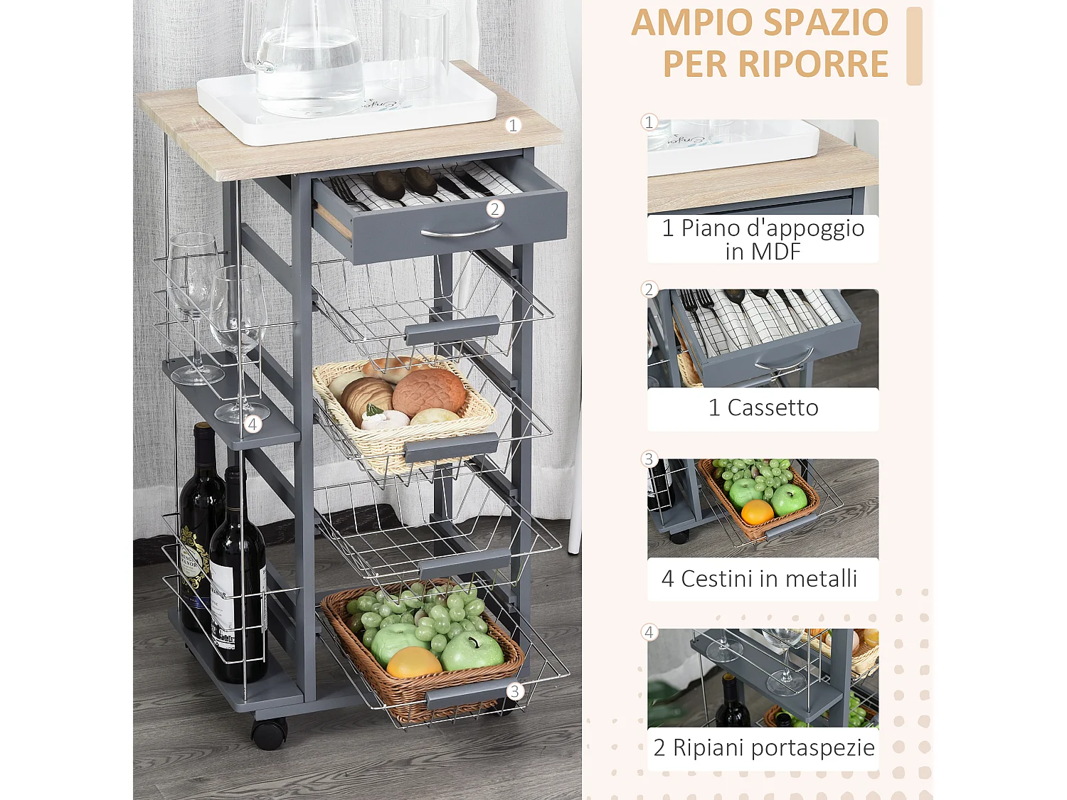 Carrello da cucina in grigio scuro cassetto 4 cestelli e ruote