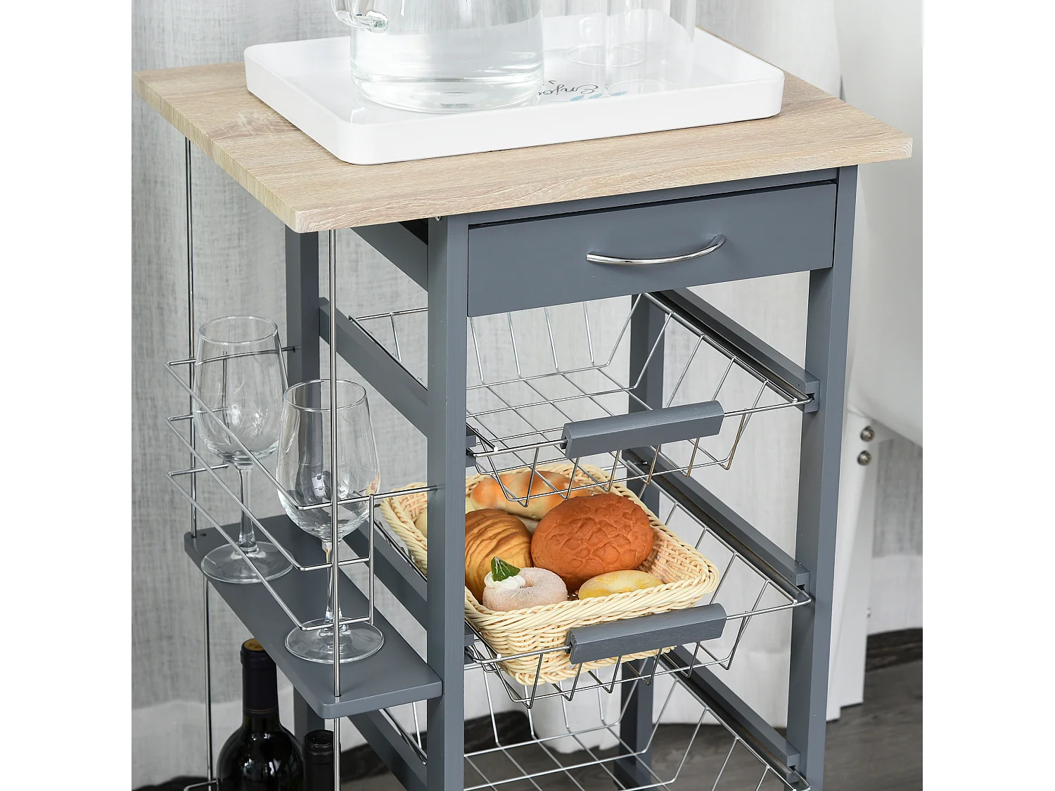 Carrello da cucina in grigio scuro cassetto 4 cestelli e ruote