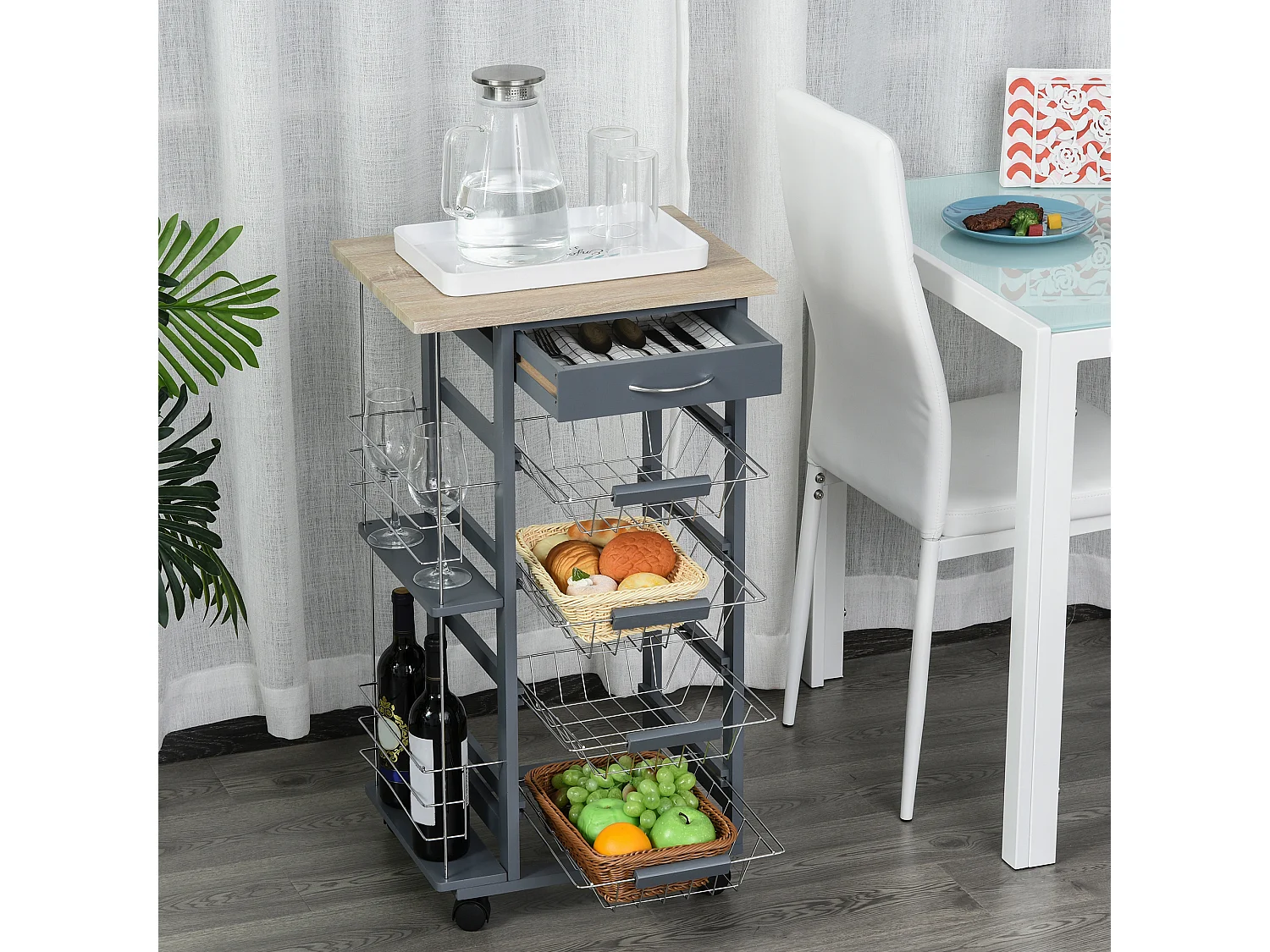 Carrello da cucina in grigio scuro cassetto 4 cestelli e ruote
