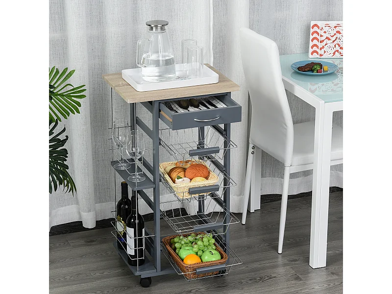 Carrello da cucina in grigio scuro cassetto 4 cestelli e ruote