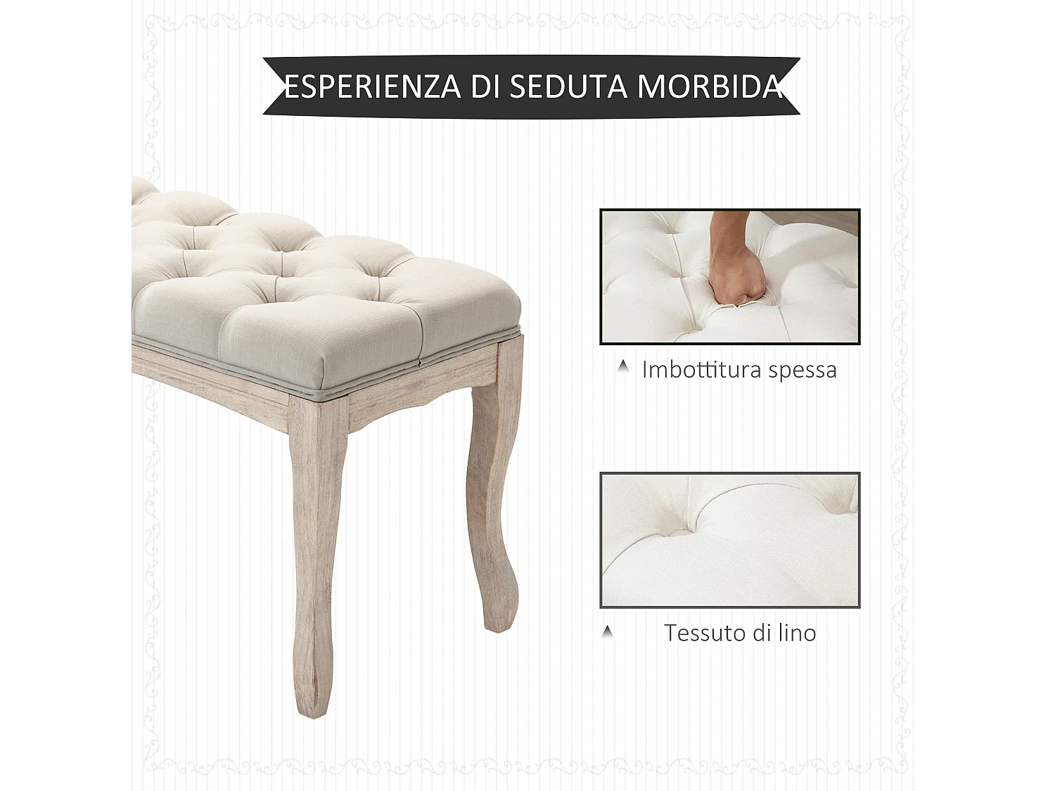 Panca fondoletto con seduta imbottita in tessuto e legno beige