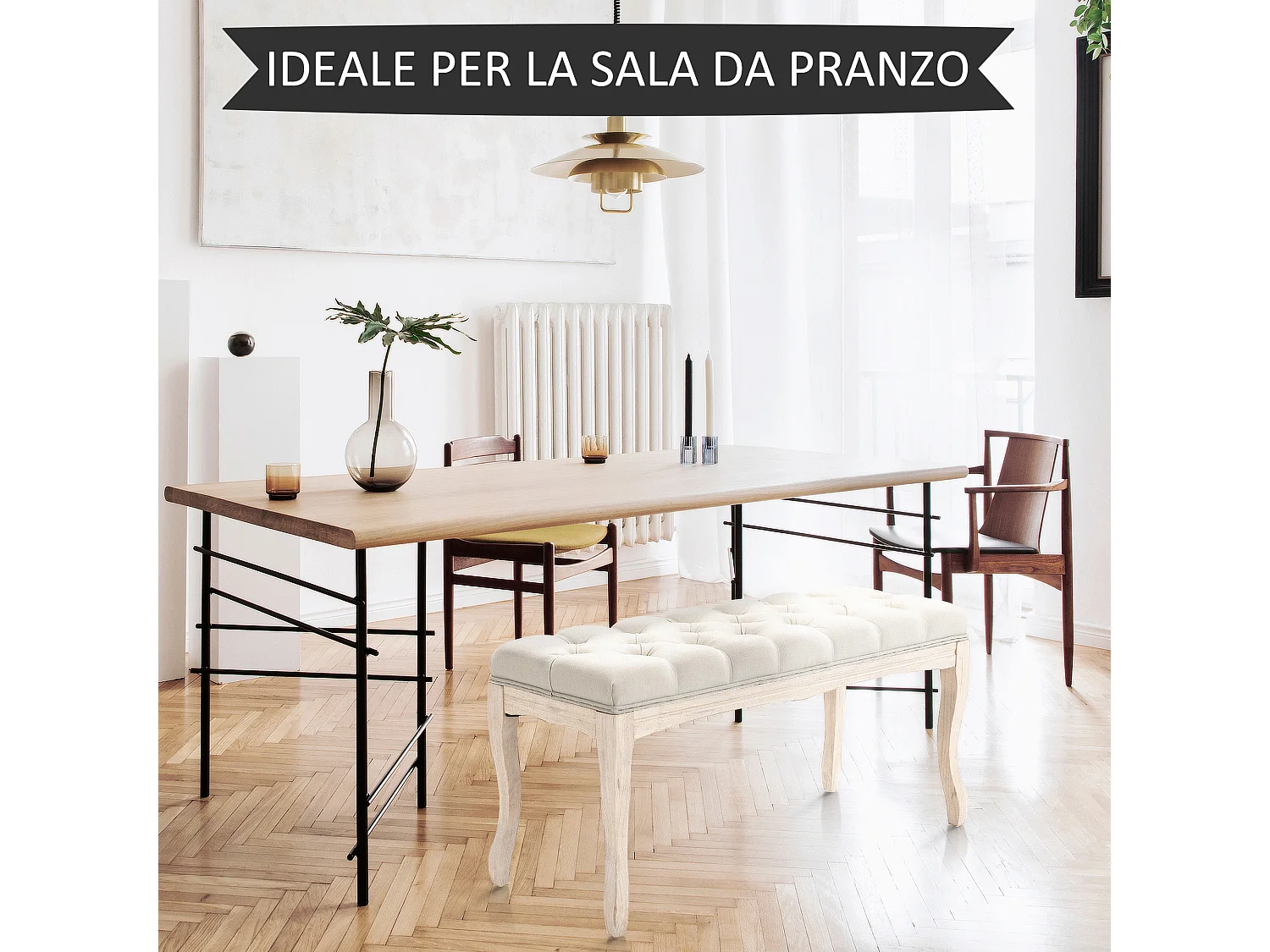 Panca fondoletto con seduta imbottita in tessuto e legno beige