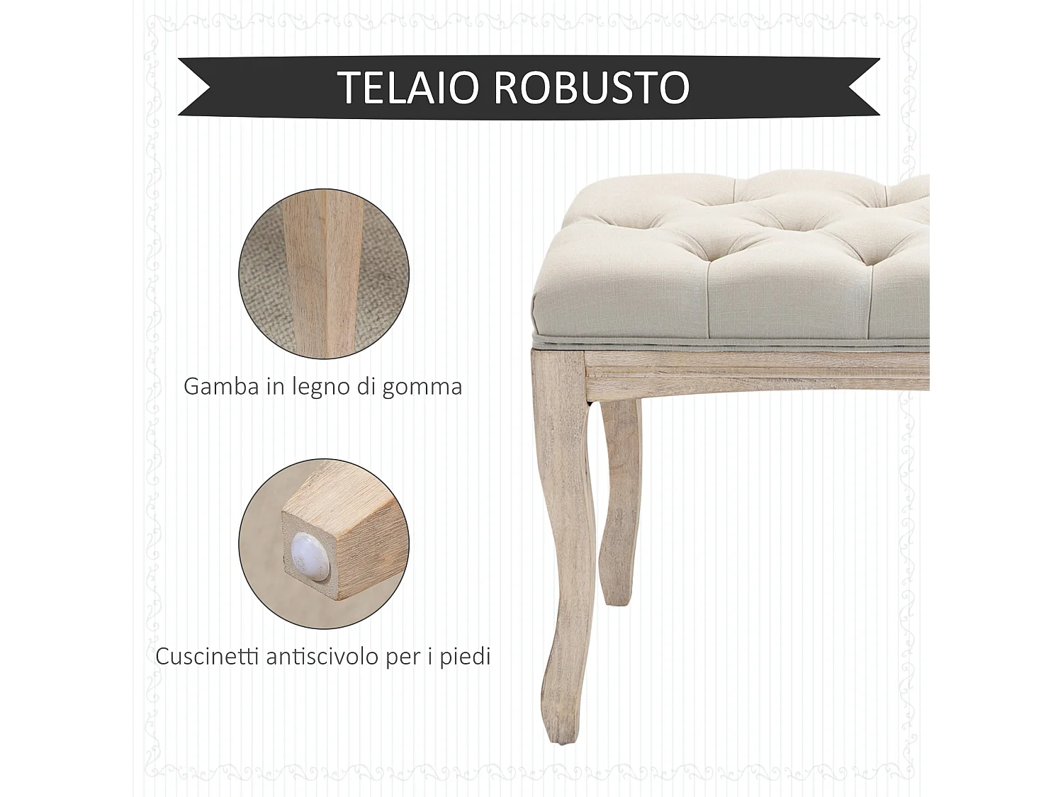 Panca fondoletto con seduta imbottita in tessuto e legno beige