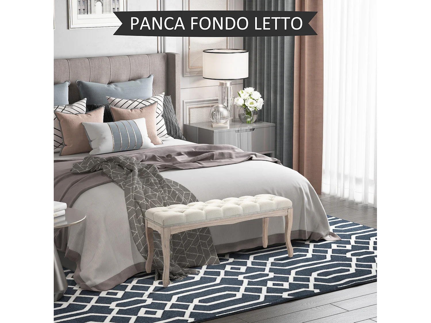 Panca fondoletto con seduta imbottita in tessuto e legno beige