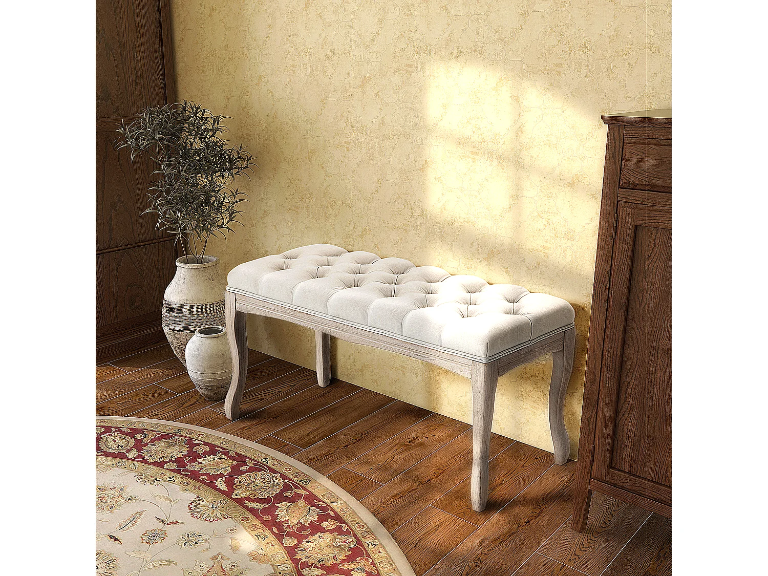 Panca fondoletto con seduta imbottita in tessuto e legno beige