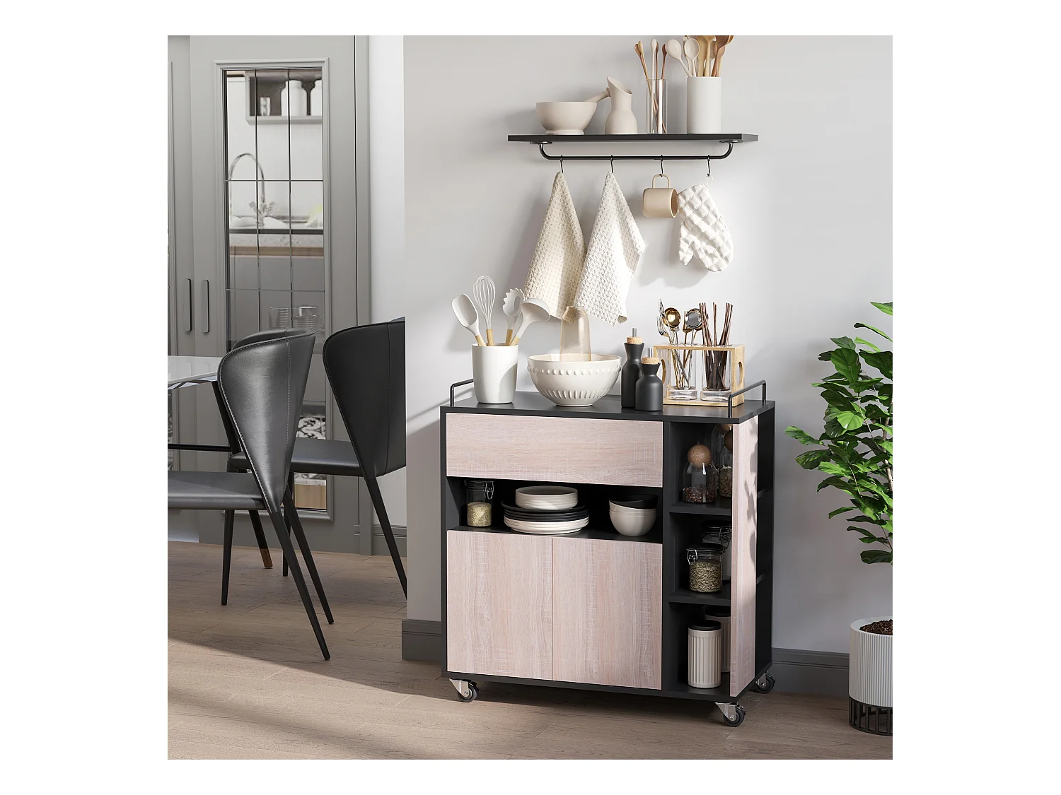 Carrello da cucina moderno con ruote cassetto anta legno rovere