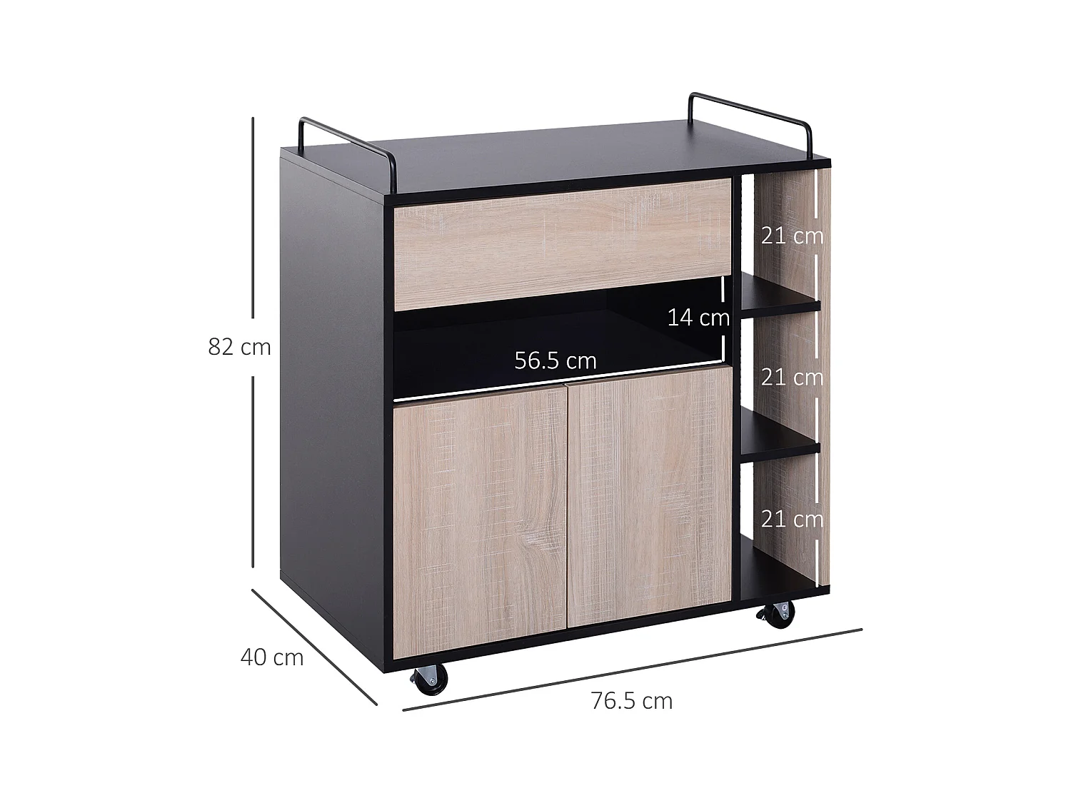 Carrello da cucina moderno con ruote cassetto anta legno rovere