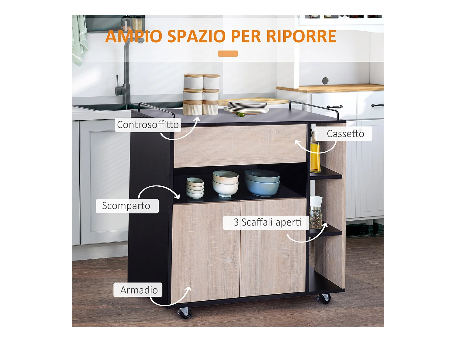Carrello da cucina moderno con ruote cassetto anta legno rovere