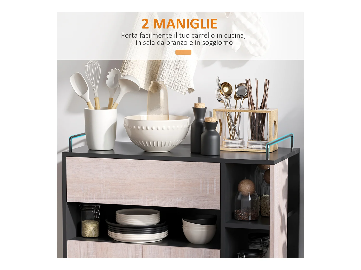 Carrello da cucina moderno con ruote cassetto anta legno rovere