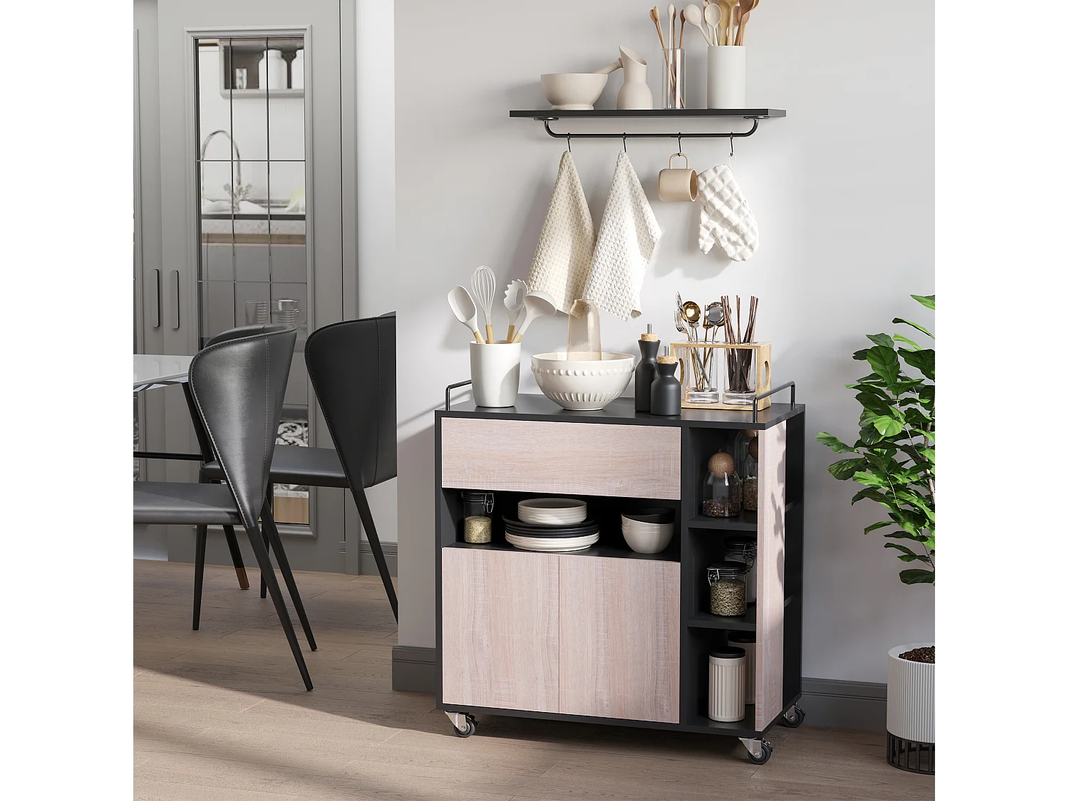 Carrello da cucina moderno con ruote cassetto anta legno rovere