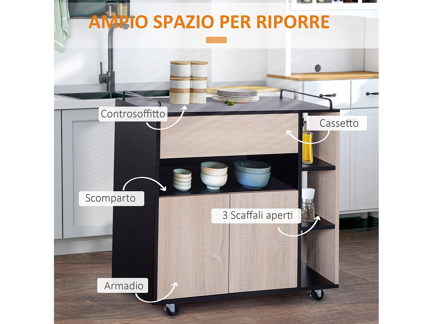Carrello da cucina moderno con ruote cassetto anta legno rovere