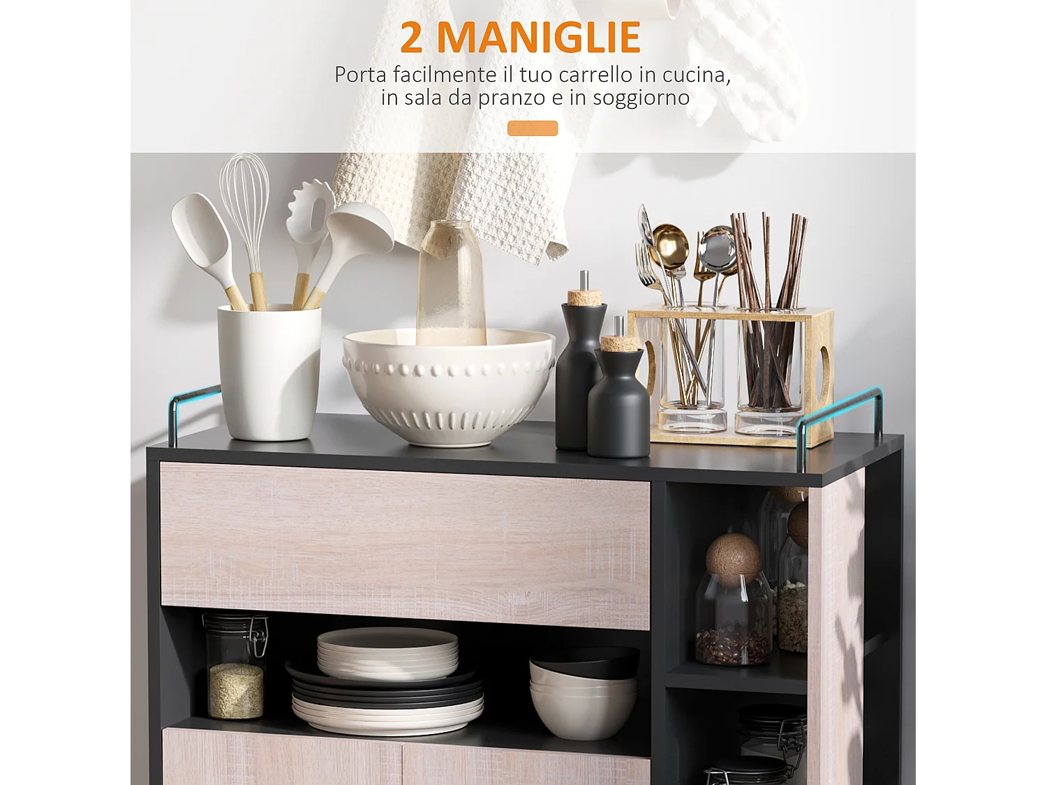 Carrello da cucina moderno con ruote cassetto anta legno rovere