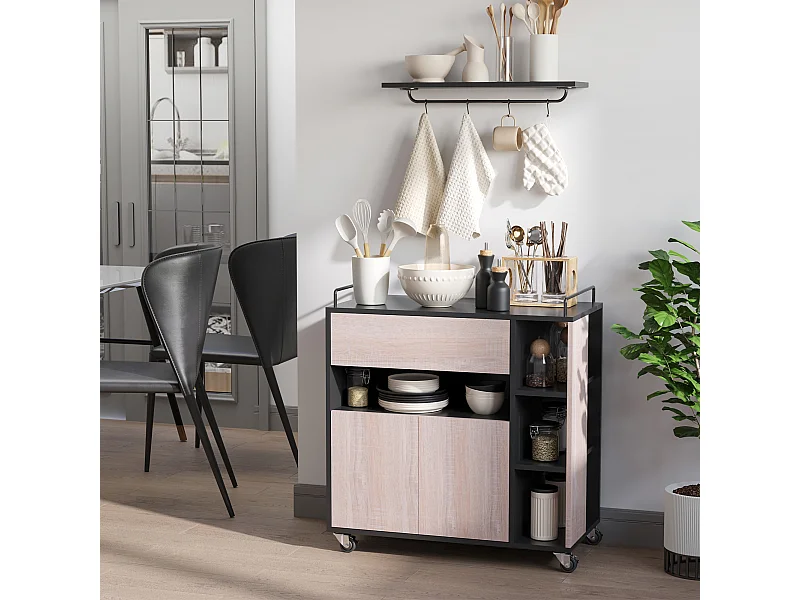 Carrello da cucina moderno con ruote cassetto anta legno rovere