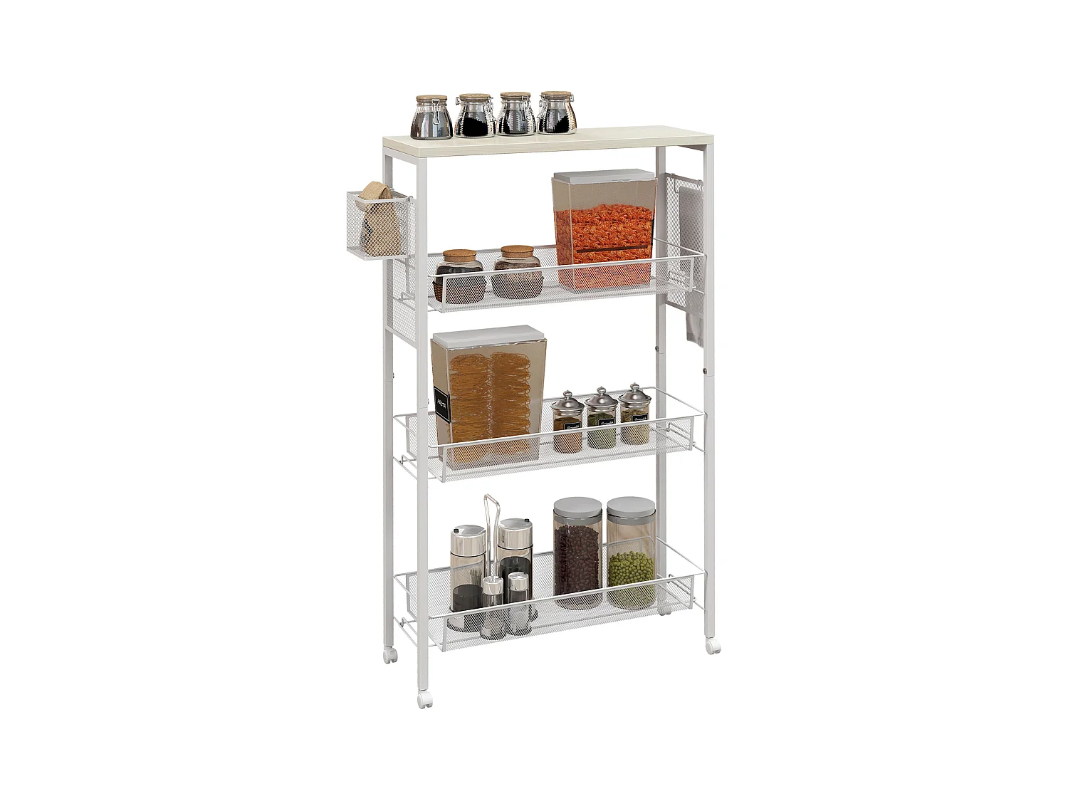 Carrello da cucina a 3 livelli con gancio e cestino laterale