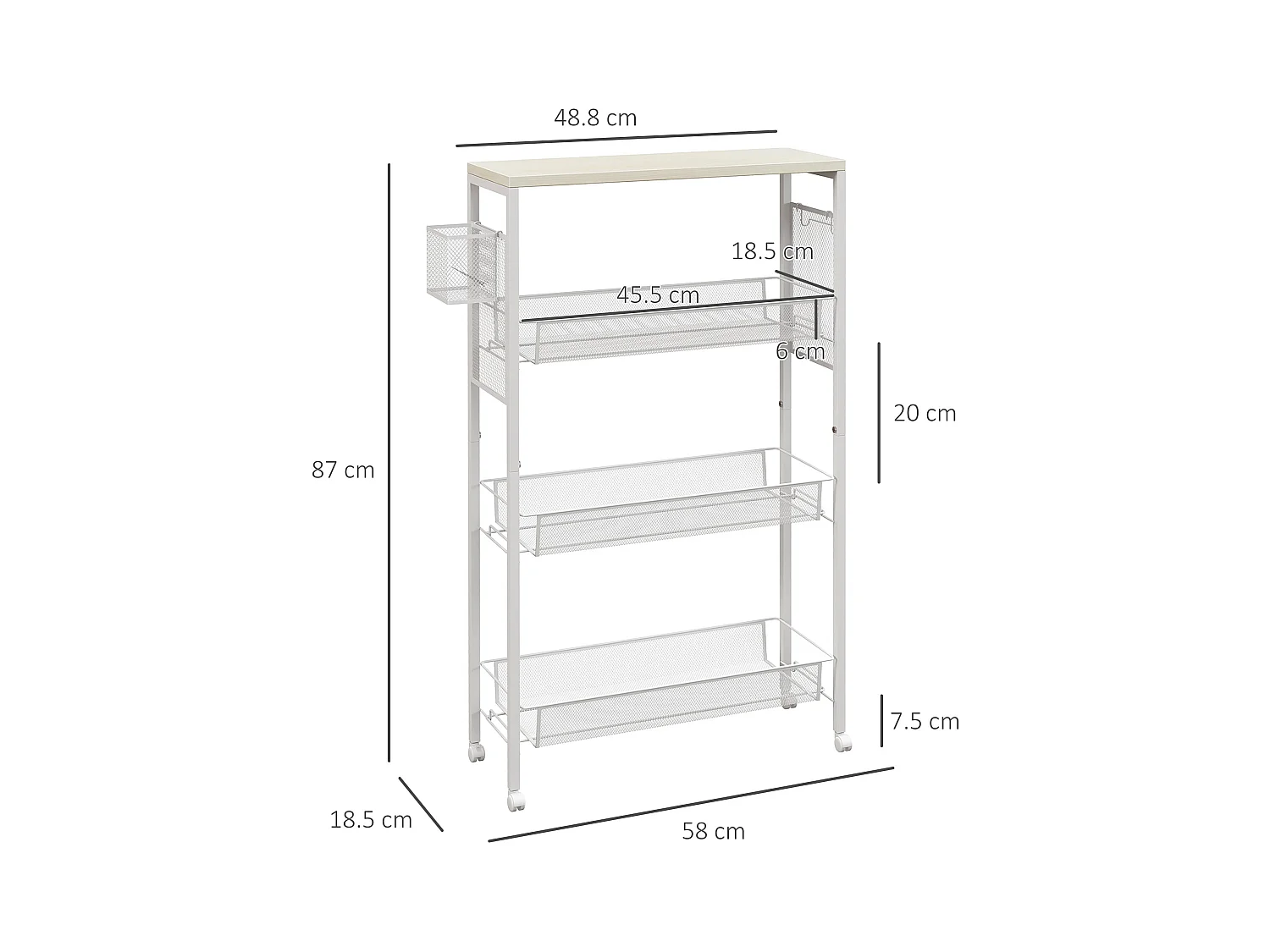 Carrello da cucina a 3 livelli con gancio e cestino laterale