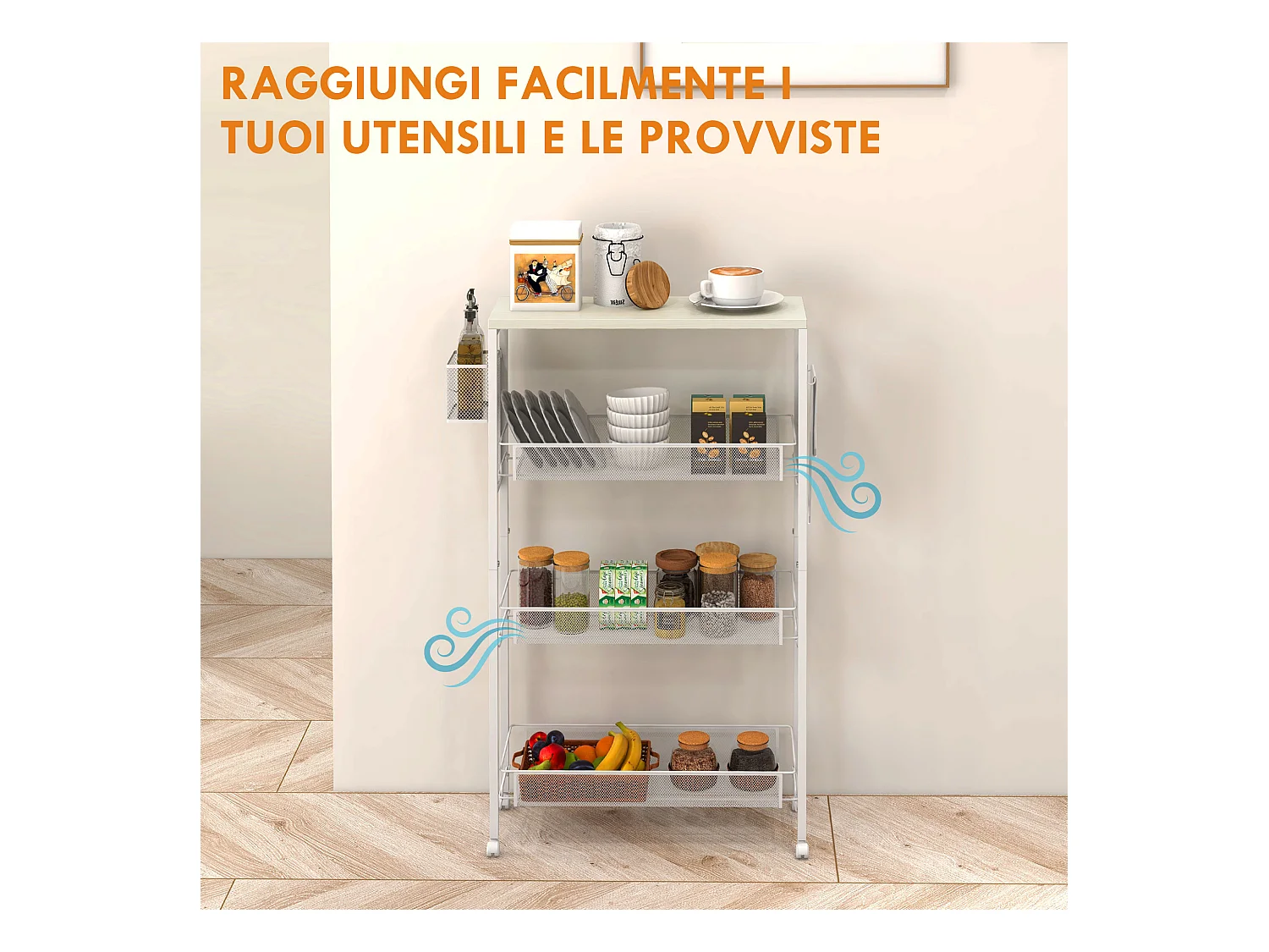 Carrello da cucina a 3 livelli con gancio e cestino laterale