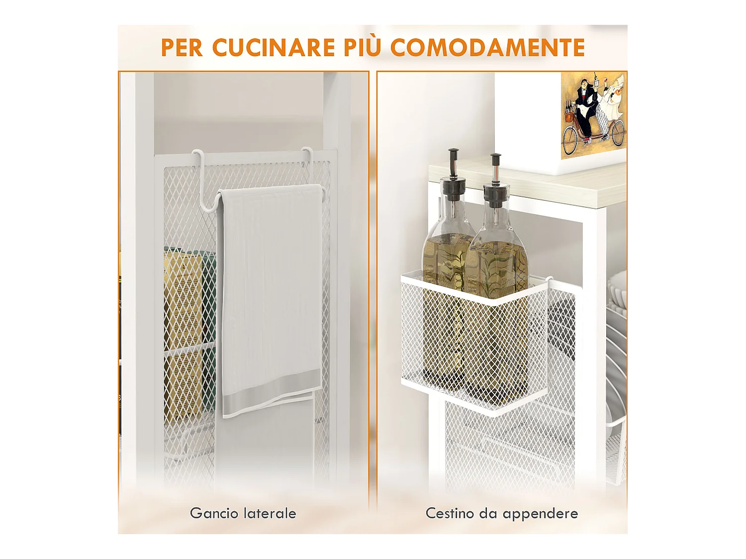 Carrello da cucina a 3 livelli con gancio e cestino laterale