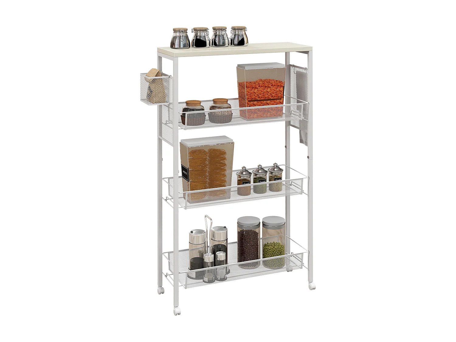 Carrello da cucina a 3 livelli con gancio e cestino laterale