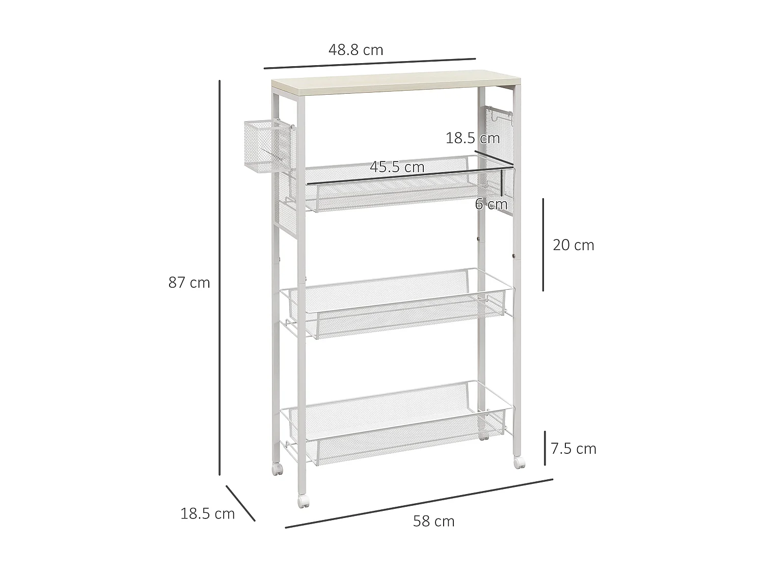 Carrello da cucina a 3 livelli con gancio e cestino laterale