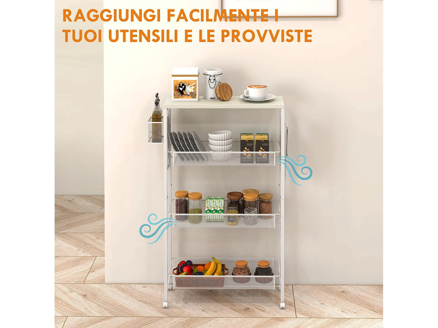 Carrello da cucina a 3 livelli con gancio e cestino laterale